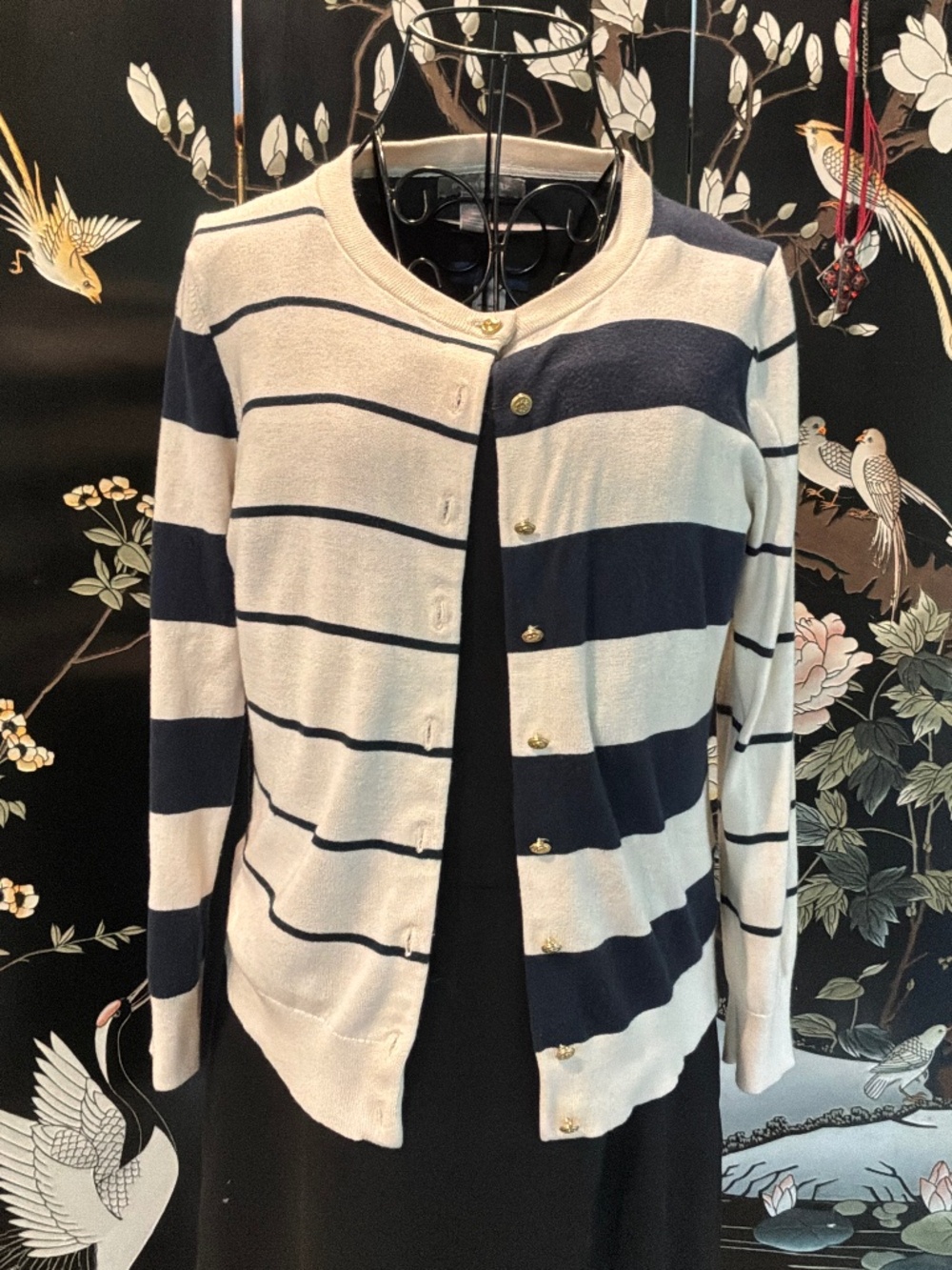 Banana Republic Striped Silk-Blend Knit Cardigan Sweater Gold Buttons PM
